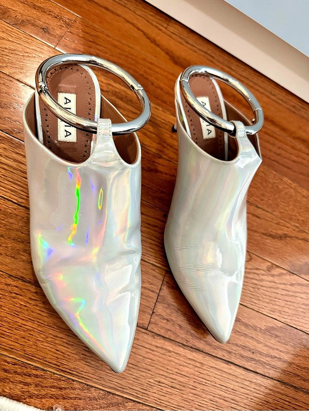 Alaïa Le Babouche Ankle-Cuff Mules Pointed Toe Heels White Iridescent
